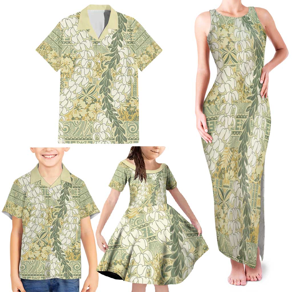 Vintage Puakenikeni and Maile Lei Family Matching Tank Maxi Dress and Hawaiian Shirt Hawaiian Style Tribal Tapa Double Strand Lei LT9 - Polynesian Pride