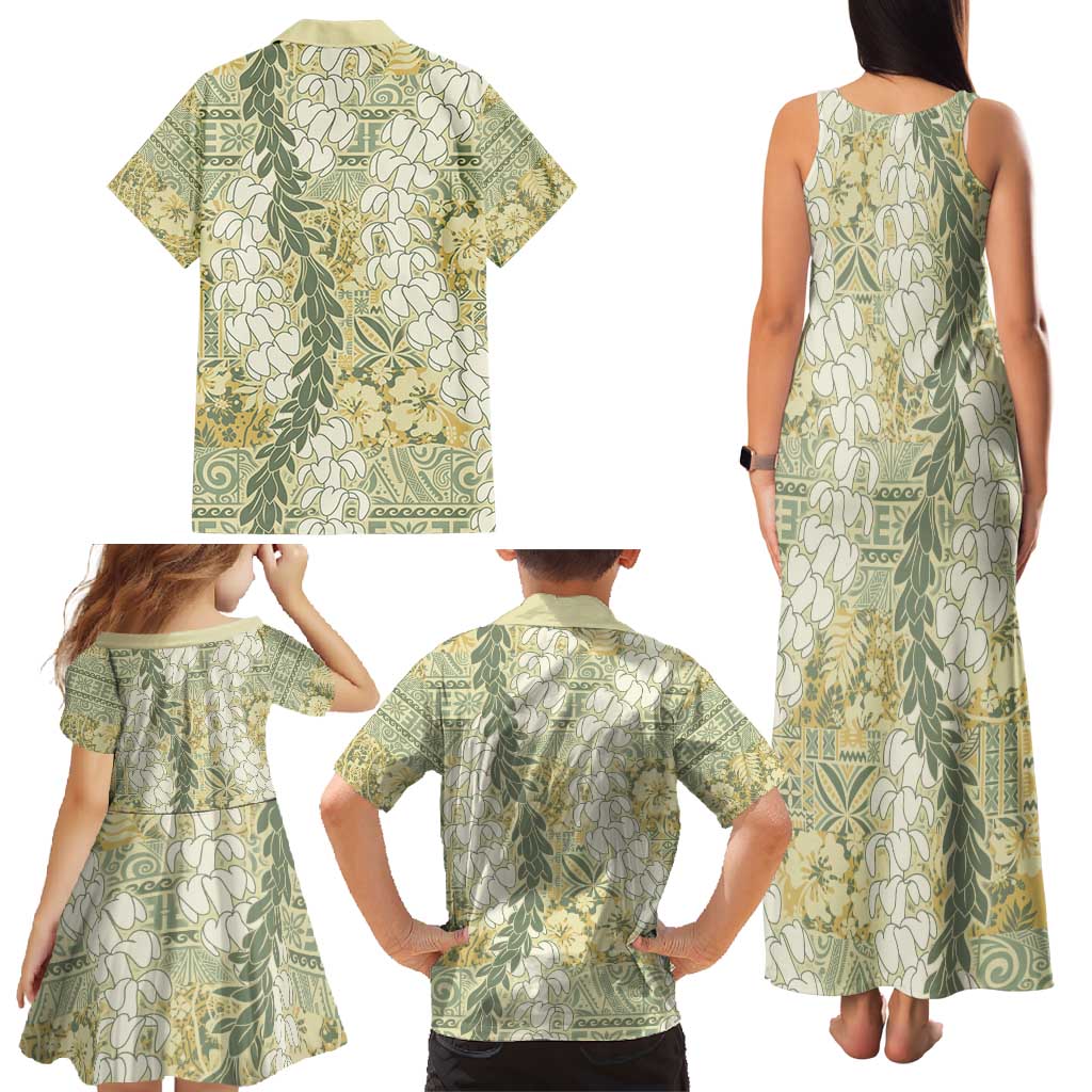 Vintage Puakenikeni and Maile Lei Family Matching Tank Maxi Dress and Hawaiian Shirt Hawaiian Style Tribal Tapa Double Strand Lei LT9 - Polynesian Pride