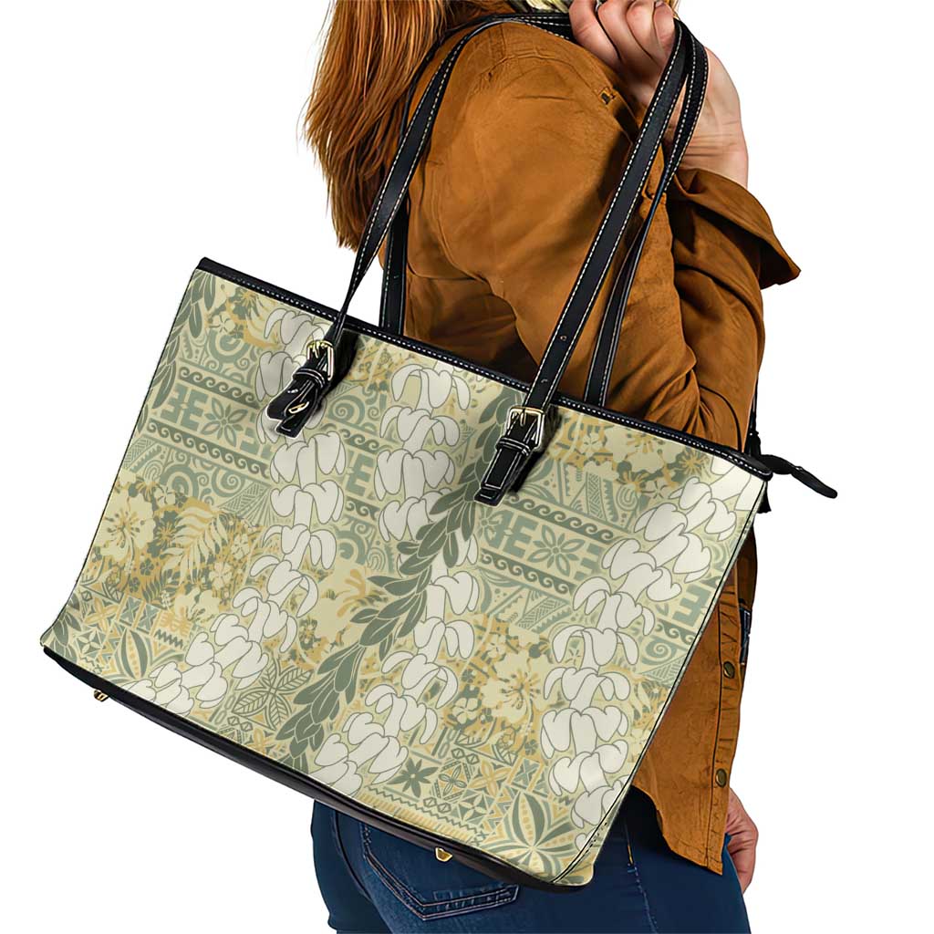 Vintage Puakenikeni and Maile Lei Leather Tote Bag Hawaiian Style Tribal Tapa Double Strand Lei LT9 - Polynesian Pride