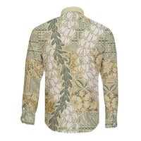 Vintage Puakenikeni and Maile Lei Long Sleeve Button Shirt Hawaiian Style Tribal Tapa Double Strand Lei