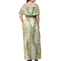 Vintage Puakenikeni and Maile Lei Off Shoulder Maxi Dress Hawaiian Style Tribal Tapa Double Strand Lei LT9 - Polynesian Pride