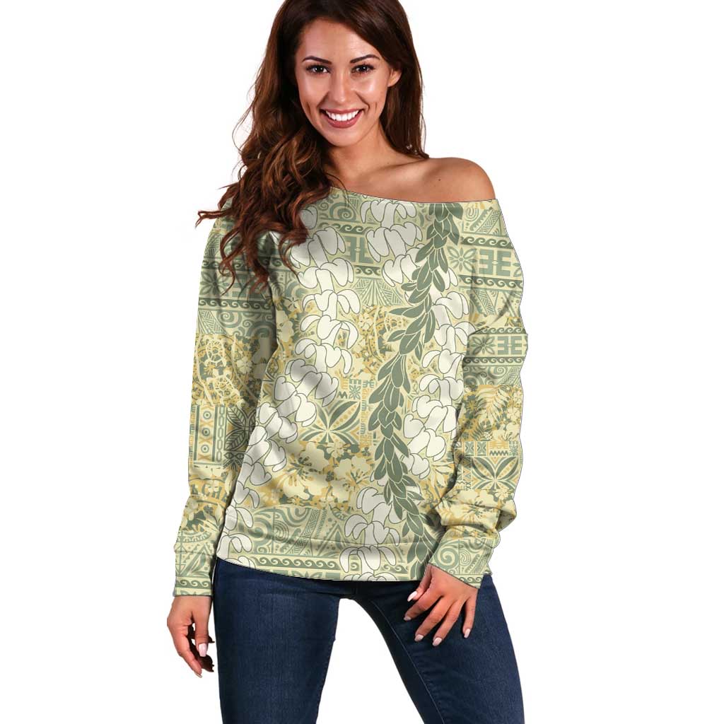 Vintage Puakenikeni and Maile Lei Off Shoulder Sweater Hawaiian Style Tribal Tapa Double Strand Lei