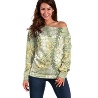 Vintage Puakenikeni and Maile Lei Off Shoulder Sweater Hawaiian Style Tribal Tapa Double Strand Lei