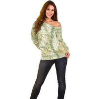 Vintage Puakenikeni and Maile Lei Off Shoulder Sweater Hawaiian Style Tribal Tapa Double Strand Lei