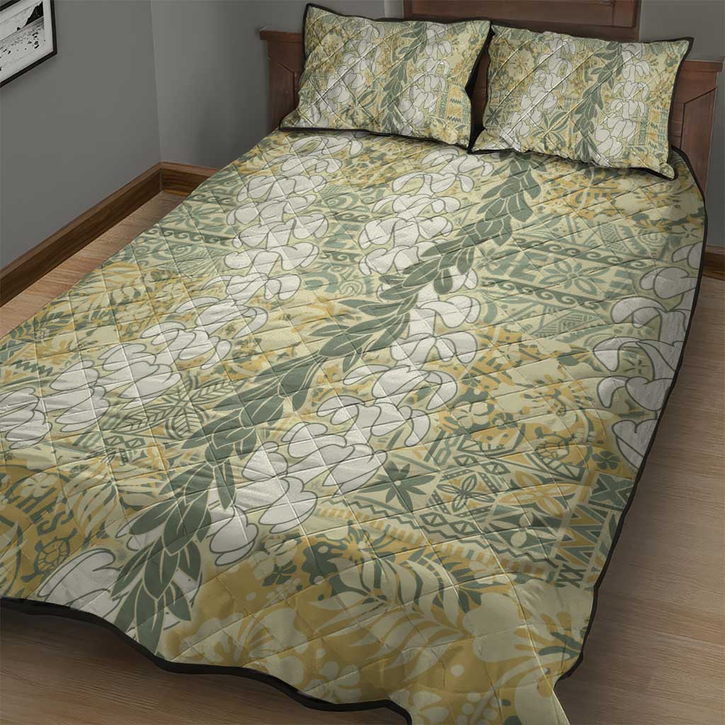 Vintage Puakenikeni and Maile Lei Quilt Bed Set Hawaiian Style Tribal Tapa Double Strand Lei