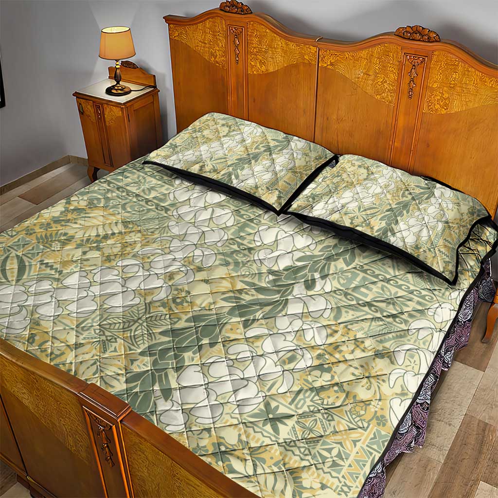 Vintage Puakenikeni and Maile Lei Quilt Bed Set Hawaiian Style Tribal Tapa Double Strand Lei