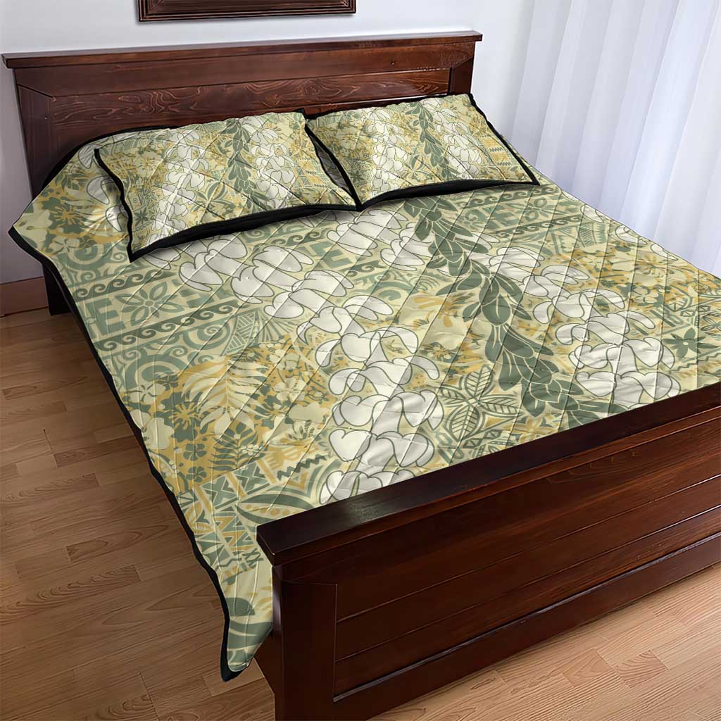 Vintage Puakenikeni and Maile Lei Quilt Bed Set Hawaiian Style Tribal Tapa Double Strand Lei