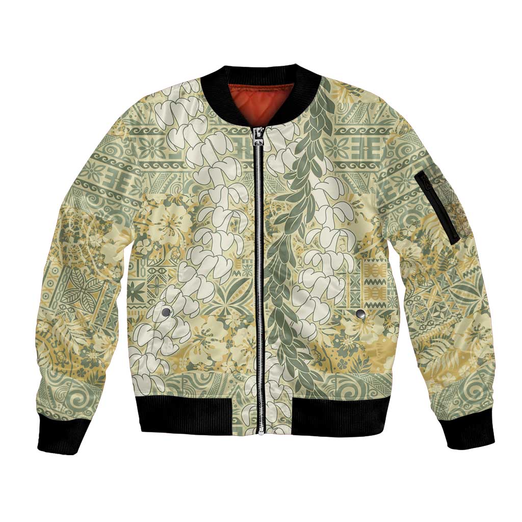 Vintage Puakenikeni and Maile Lei Sleeve Zip Bomber Jacket Hawaiian Style Tribal Tapa Double Strand Lei