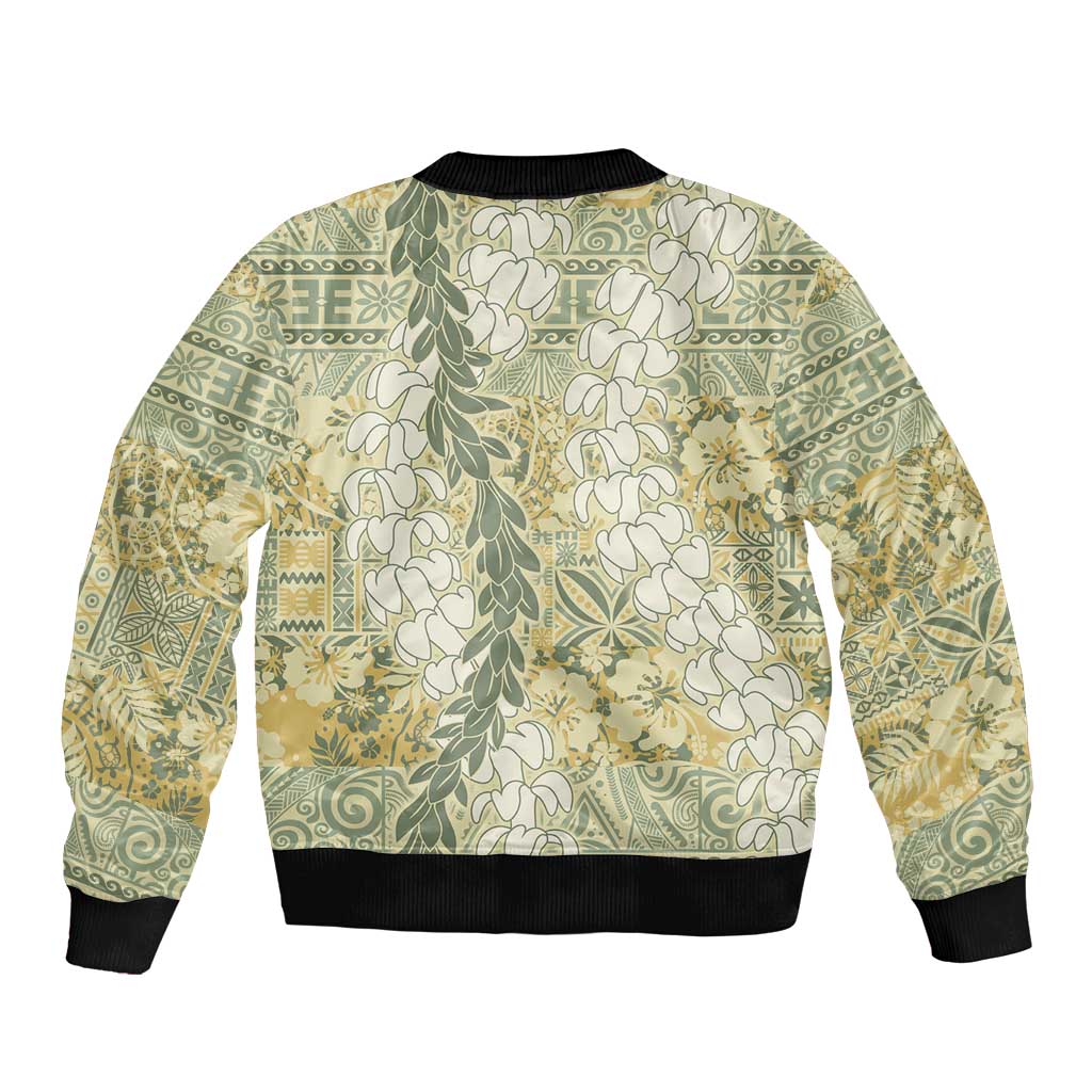 Vintage Puakenikeni and Maile Lei Sleeve Zip Bomber Jacket Hawaiian Style Tribal Tapa Double Strand Lei