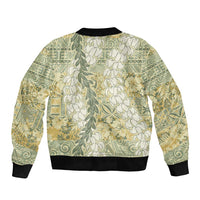 Vintage Puakenikeni and Maile Lei Sleeve Zip Bomber Jacket Hawaiian Style Tribal Tapa Double Strand Lei