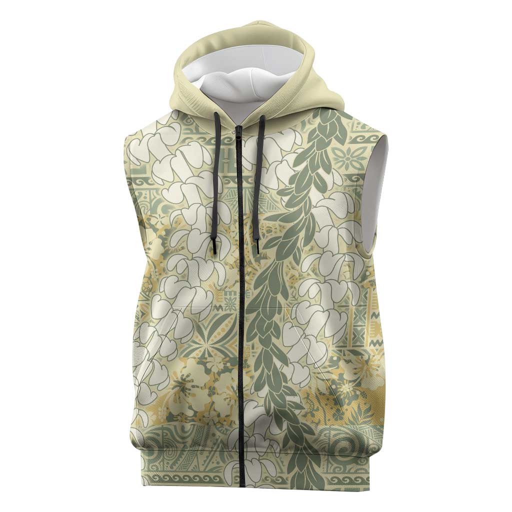 Vintage Puakenikeni and Maile Lei Sleeveless Zip Hoodie Hawaiian Style Tribal Tapa Double Strand Lei - Polynesian Pride