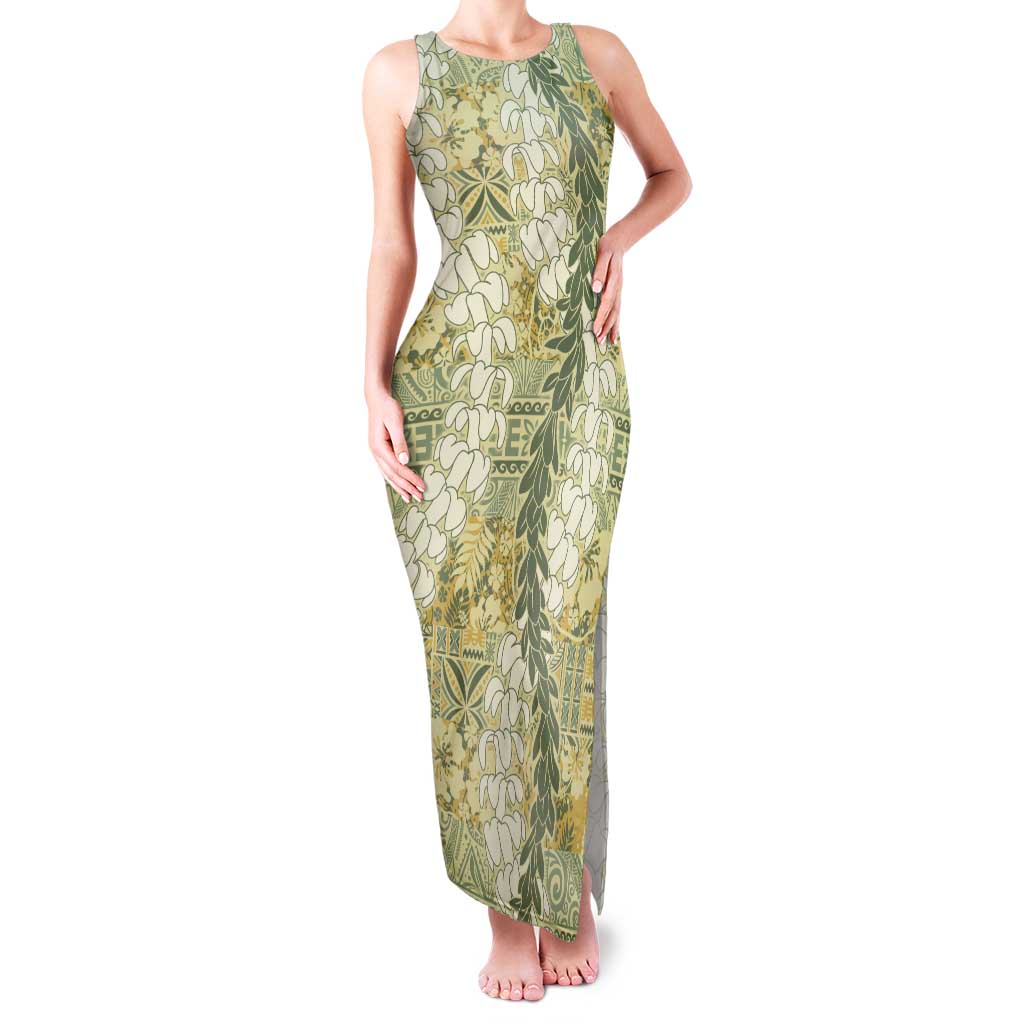 Vintage Puakenikeni and Maile Lei Tank Maxi Dress Hawaiian Style Tribal Tapa Double Strand Lei LT9 Women Vintage - Polynesian Pride