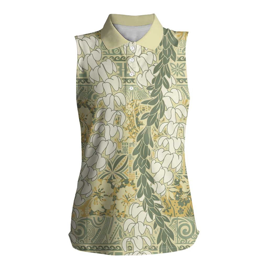Vintage Puakenikeni and Maile Lei Women Sleeveless Polo Shirt Hawaiian Style Tribal Tapa Double Strand Lei LT9 Female Vintage - Polynesian Pride