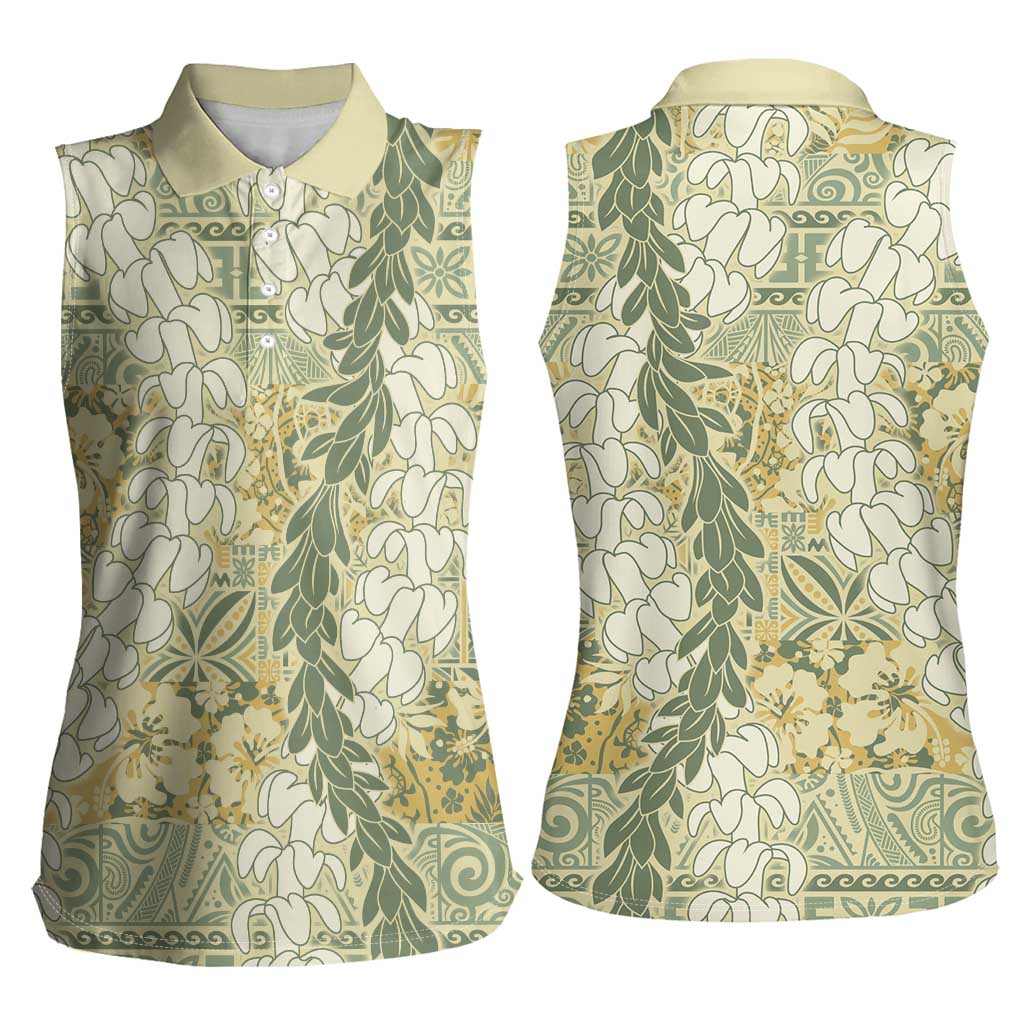 Vintage Puakenikeni and Maile Lei Women Sleeveless Polo Shirt Hawaiian Style Tribal Tapa Double Strand Lei LT9 - Polynesian Pride