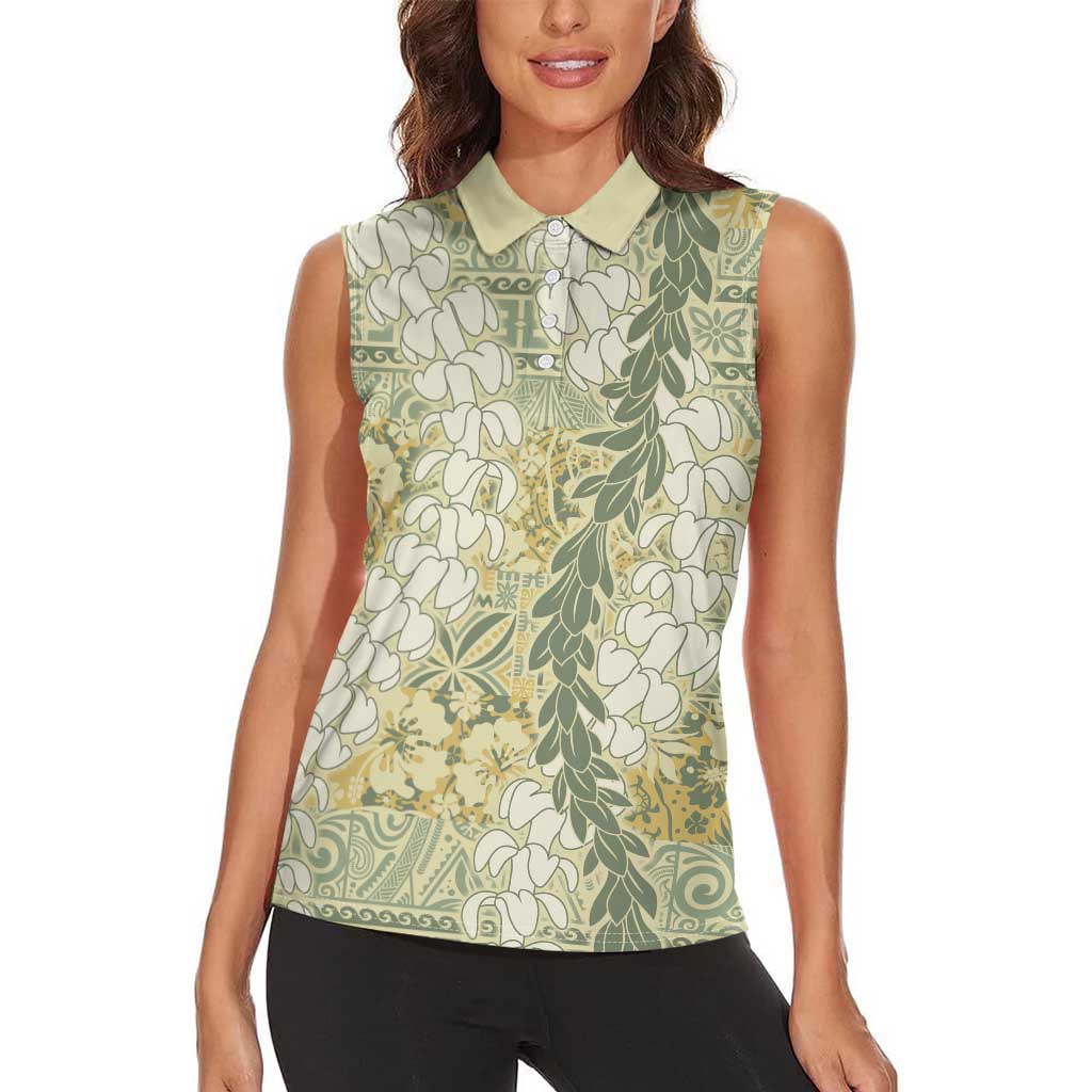 Vintage Puakenikeni and Maile Lei Women Sleeveless Polo Shirt Hawaiian Style Tribal Tapa Double Strand Lei LT9 - Polynesian Pride