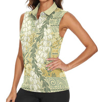Vintage Puakenikeni and Maile Lei Women Sleeveless Polo Shirt Hawaiian Style Tribal Tapa Double Strand Lei LT9 - Polynesian Pride