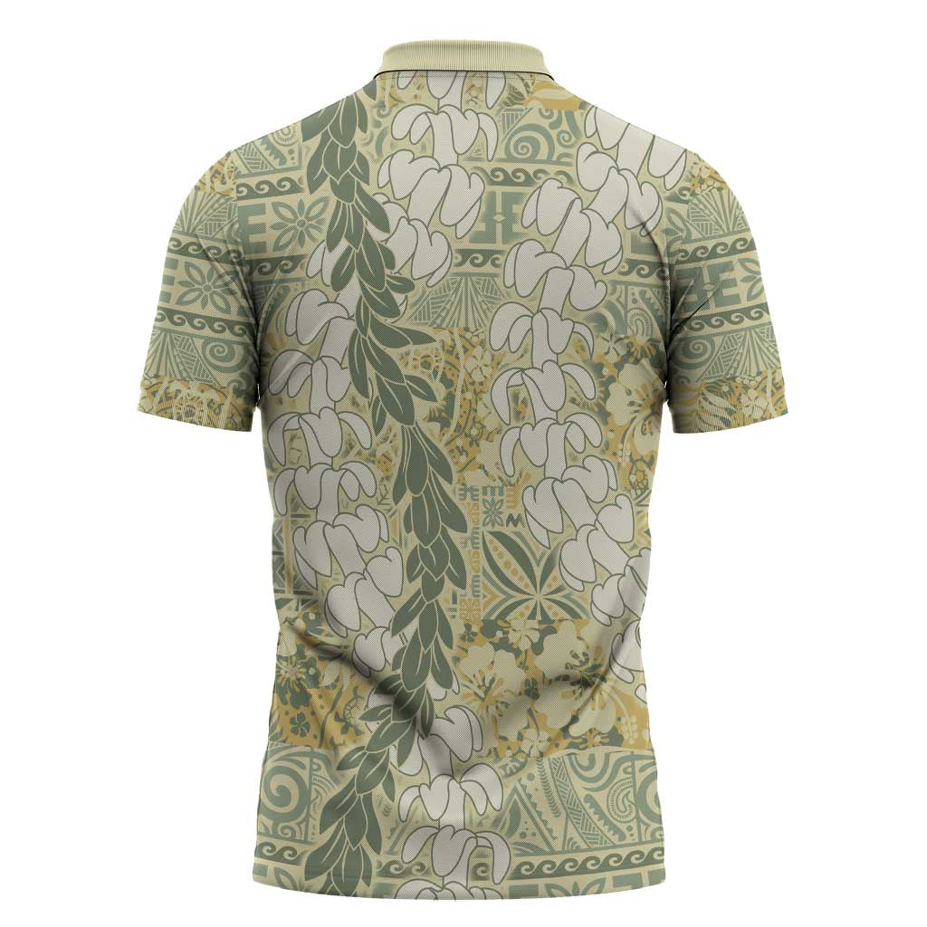 Vintage Puakenikeni and Maile Lei Zipper Polo Shirt Hawaiian Style Tribal Tapa Double Strand Lei LT9 - Polynesian Pride