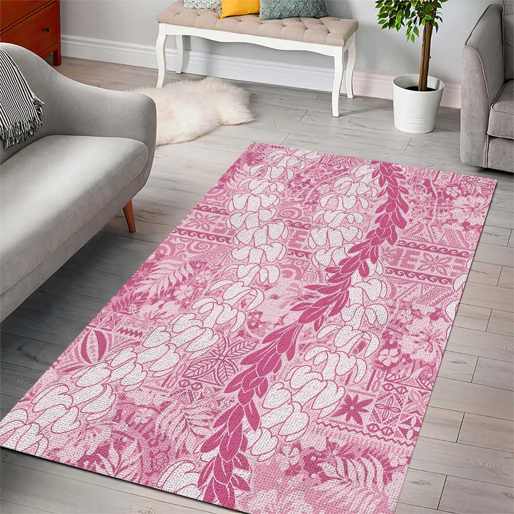 Pink Puakenikeni and Maile Lei Area Rug Hawaiian Style Tribal Tapa Double Strand Lei