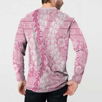 Pink Puakenikeni and Maile Lei Button Sweatshirt Hawaiian Style Tribal Tapa Double Strand Lei