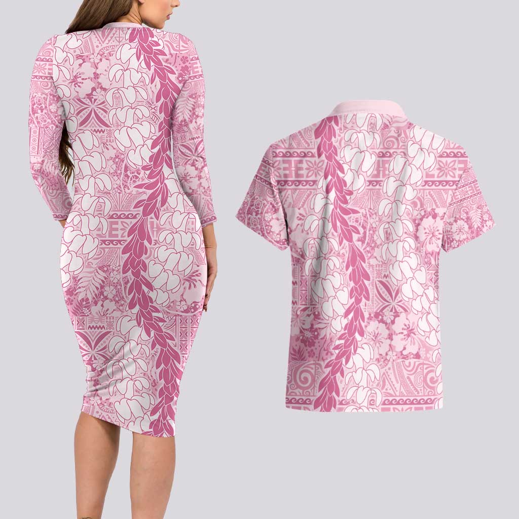 Pink Puakenikeni and Maile Lei Couples Matching Long Sleeve Bodycon Dress and Hawaiian Shirt Hawaiian Style Tribal Tapa Double Strand Lei LT9 - Polynesian Pride