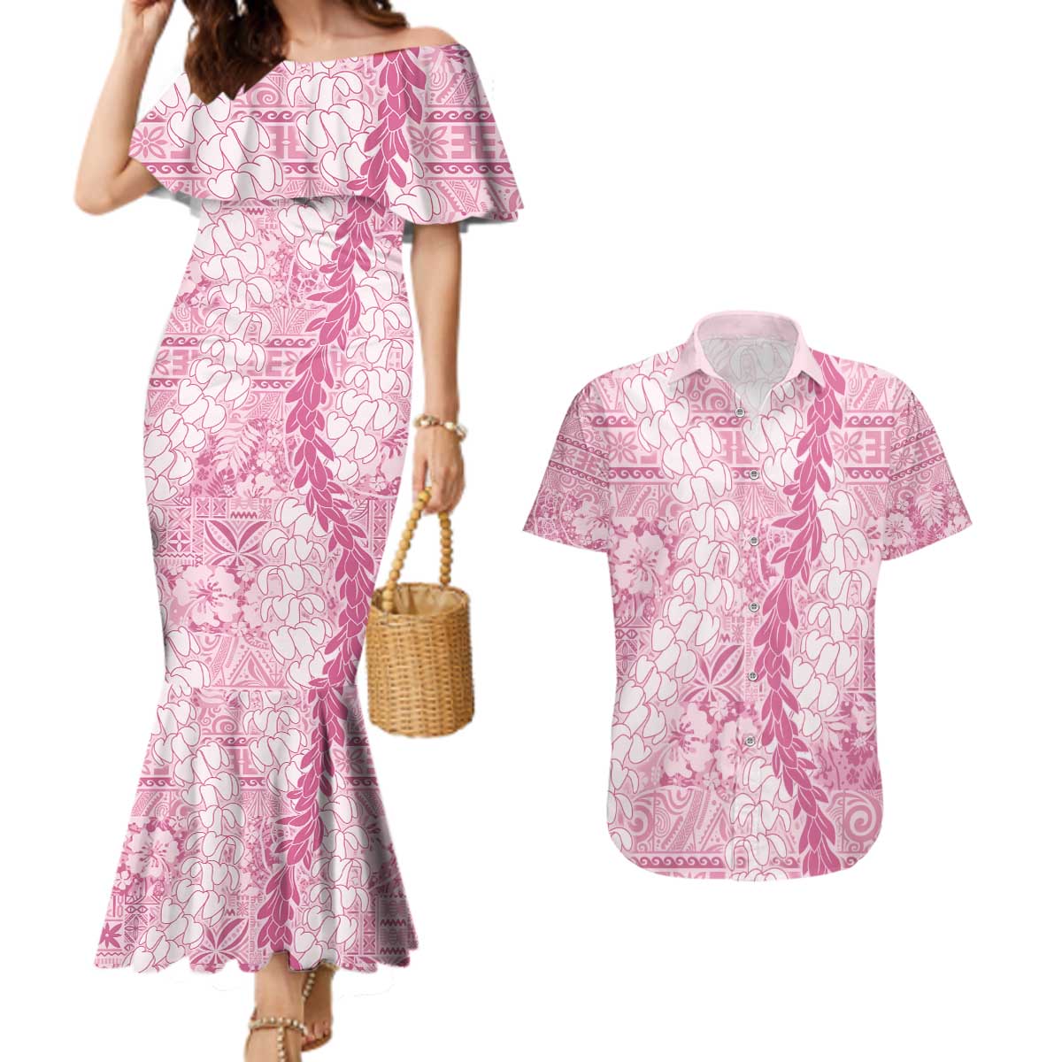 Pink Puakenikeni and Maile Lei Couples Matching Mermaid Dress and Hawaiian Shirt Hawaiian Style Tribal Tapa Double Strand Lei LT9 Pink - Polynesian Pride