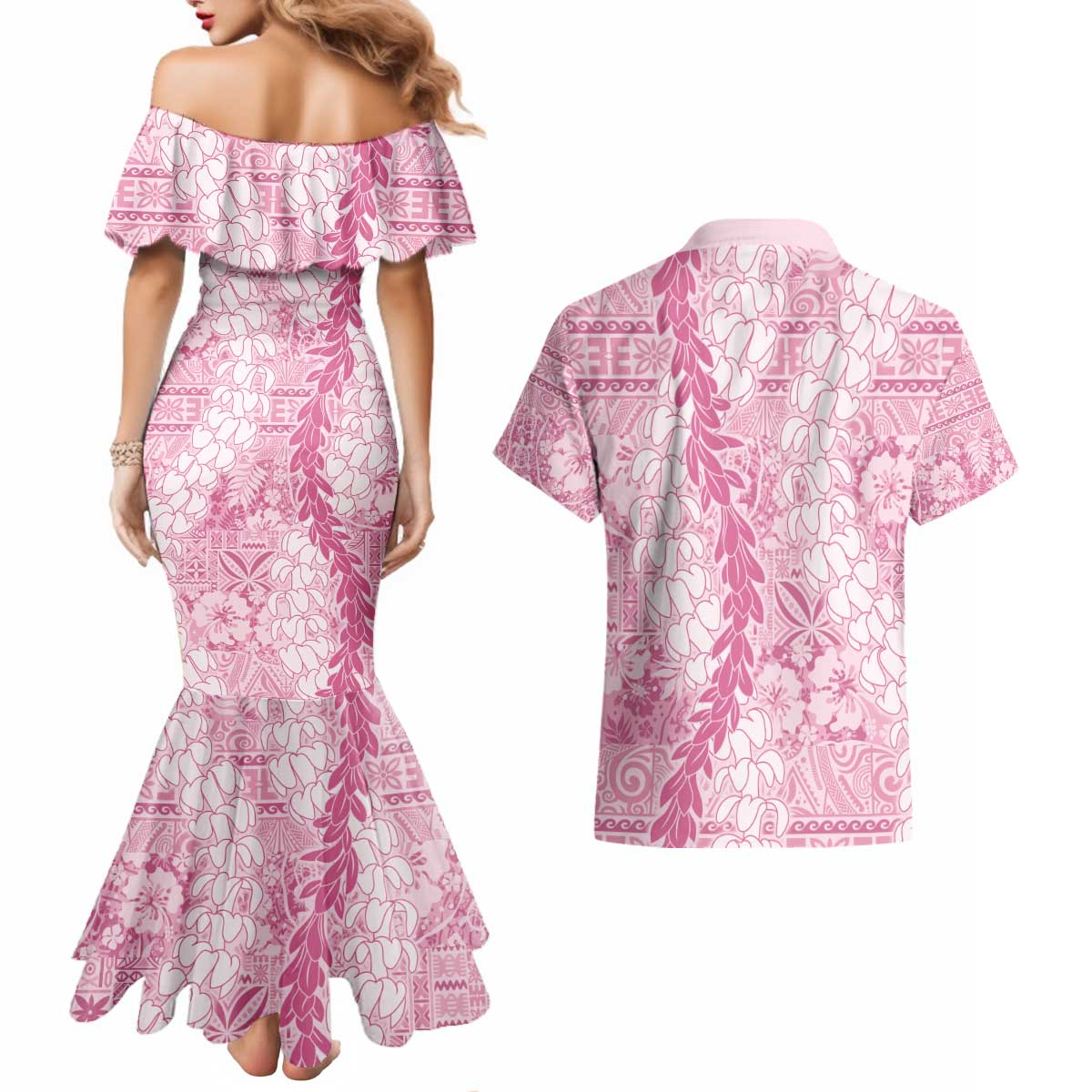 Pink Puakenikeni and Maile Lei Couples Matching Mermaid Dress and Hawaiian Shirt Hawaiian Style Tribal Tapa Double Strand Lei LT9 - Polynesian Pride