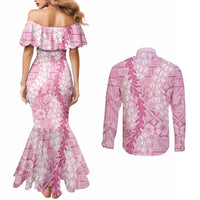 Pink Puakenikeni and Maile Lei Couples Matching Mermaid Dress and Long Sleeve Button Shirt Hawaiian Style Tribal Tapa Double Strand Lei LT9 - Polynesian Pride