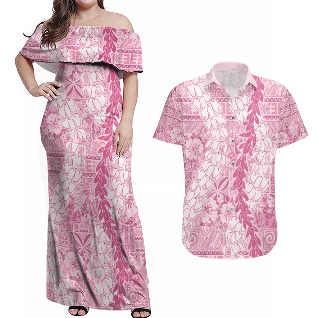Pink Puakenikeni and Maile Lei Couples Matching Off Shoulder Maxi Dress and Hawaiian Shirt Hawaiian Style Tribal Tapa Double Strand Lei LT9 Pink - Polynesian Pride