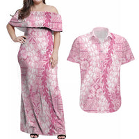 Pink Puakenikeni and Maile Lei Couples Matching Off Shoulder Maxi Dress and Hawaiian Shirt Hawaiian Style Tribal Tapa Double Strand Lei LT9 Pink - Polynesian Pride