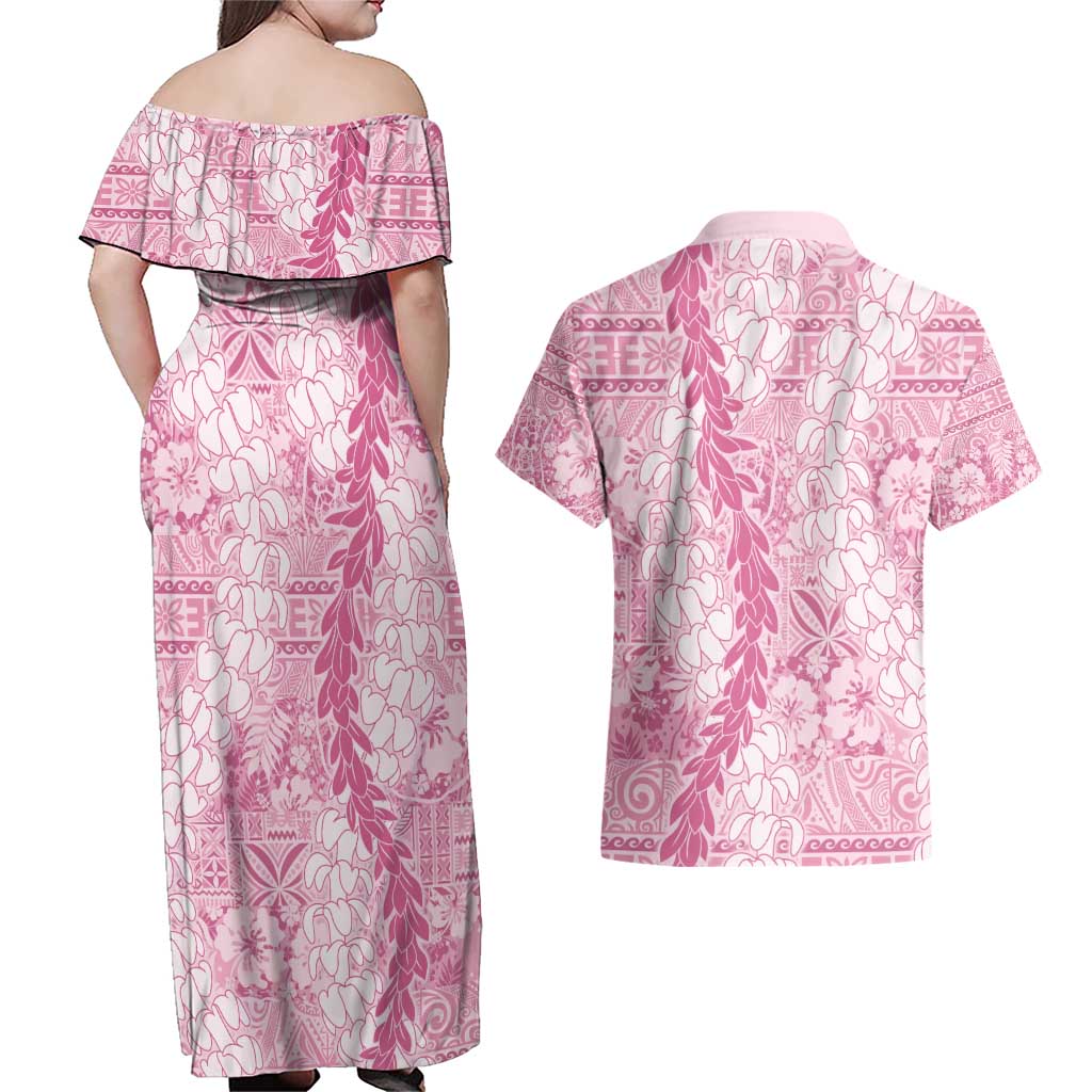 Pink Puakenikeni and Maile Lei Couples Matching Off Shoulder Maxi Dress and Hawaiian Shirt Hawaiian Style Tribal Tapa Double Strand Lei LT9 - Polynesian Pride
