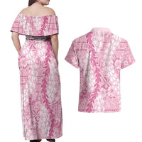 Pink Puakenikeni and Maile Lei Couples Matching Off Shoulder Maxi Dress and Hawaiian Shirt Hawaiian Style Tribal Tapa Double Strand Lei LT9 - Polynesian Pride