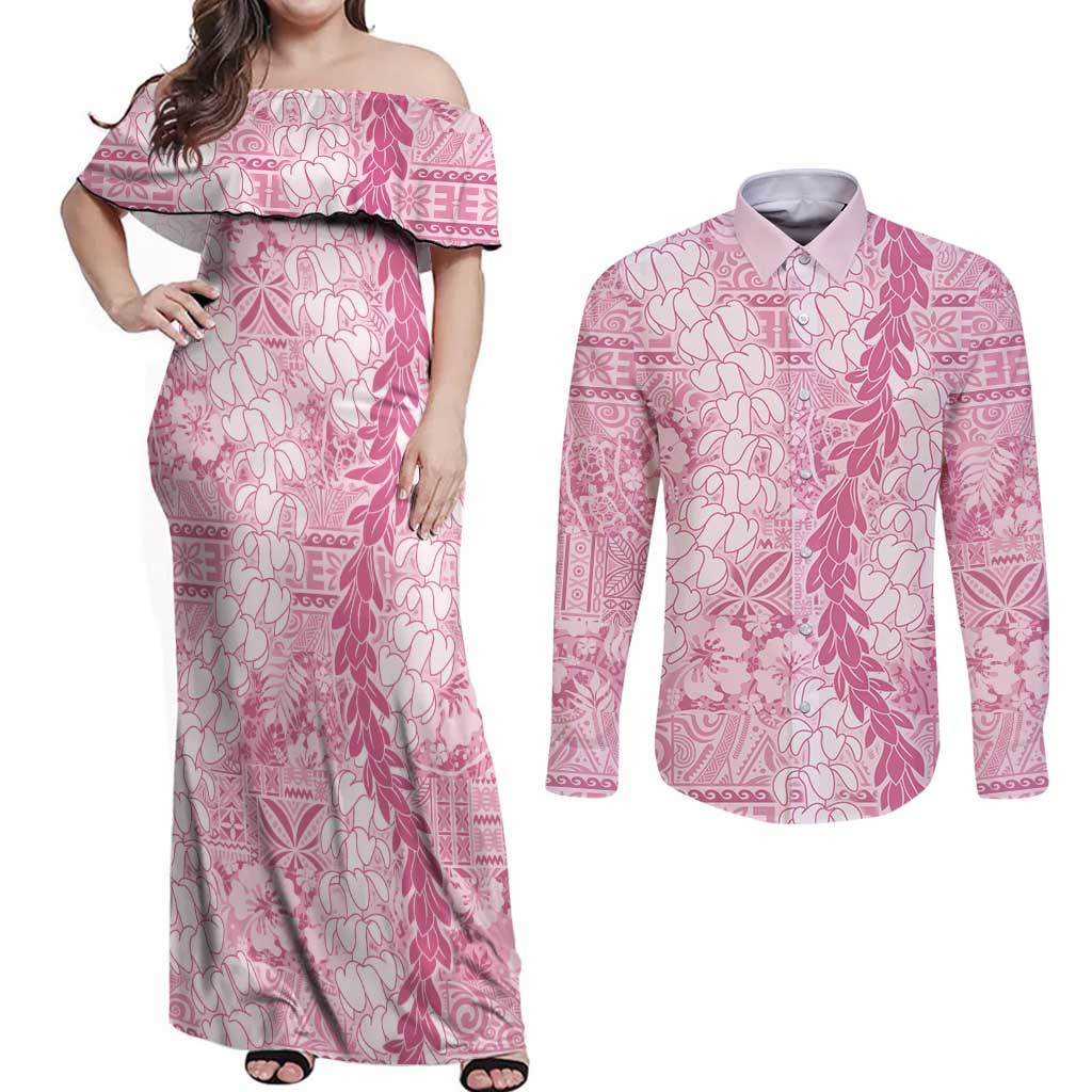 Pink Puakenikeni and Maile Lei Couples Matching Off Shoulder Maxi Dress and Long Sleeve Button Shirt Hawaiian Style Tribal Tapa Double Strand Lei LT9 Pink - Polynesian Pride