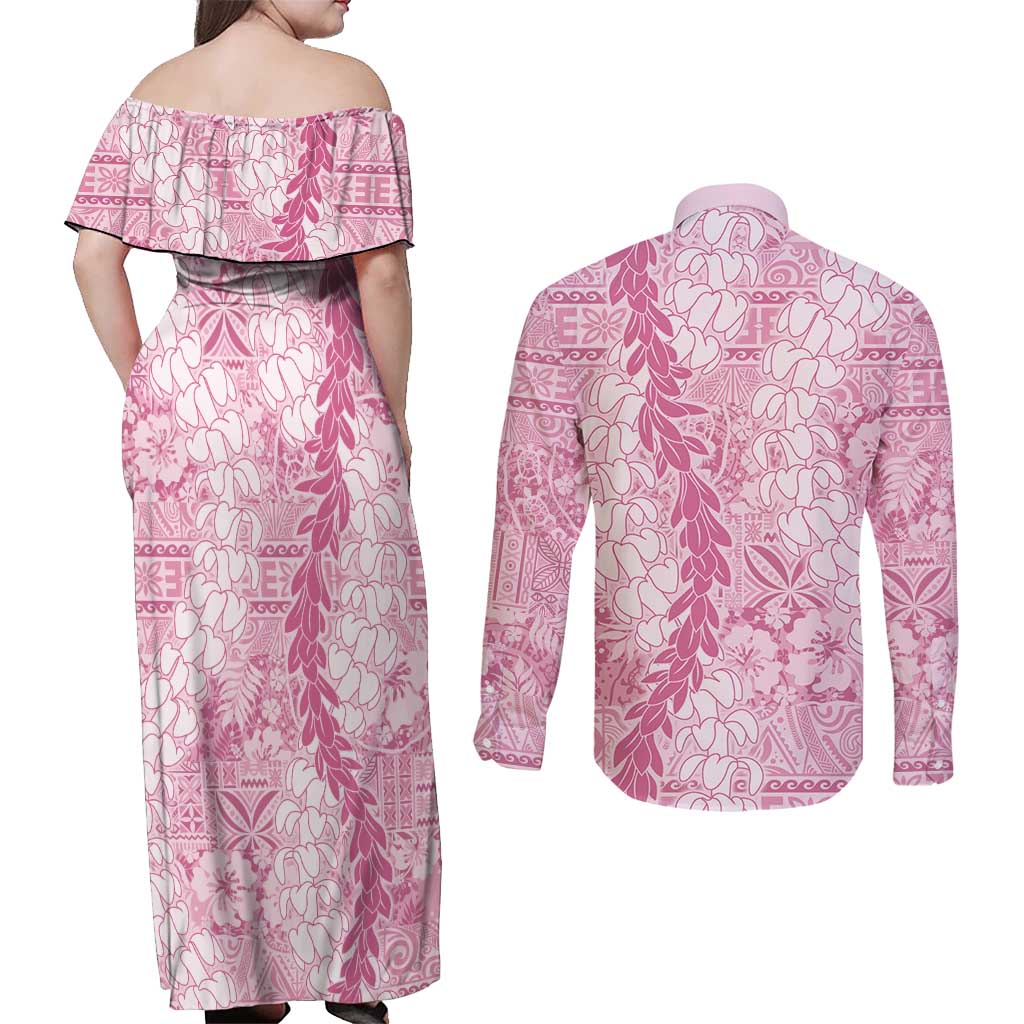 Pink Puakenikeni and Maile Lei Couples Matching Off Shoulder Maxi Dress and Long Sleeve Button Shirt Hawaiian Style Tribal Tapa Double Strand Lei LT9 - Polynesian Pride