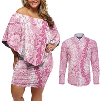 Pink Puakenikeni and Maile Lei Couples Matching Off Shoulder Short Dress and Long Sleeve Button Shirt Hawaiian Style Tribal Tapa Double Strand Lei LT9 Pink - Polynesian Pride