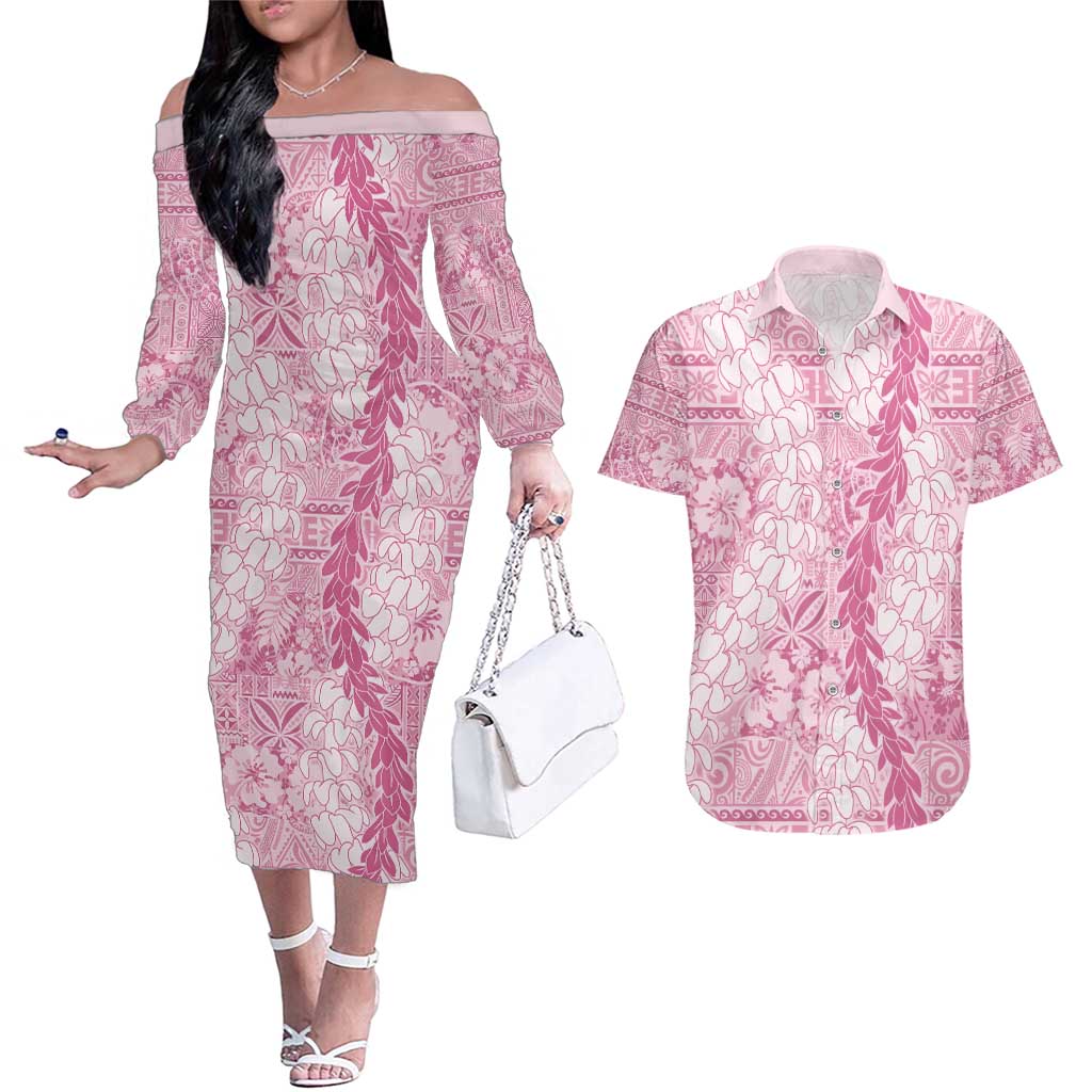 Pink Puakenikeni and Maile Lei Couples Matching Off The Shoulder Long Sleeve Dress and Hawaiian Shirt Hawaiian Style Tribal Tapa Double Strand Lei LT9 Pink - Polynesian Pride