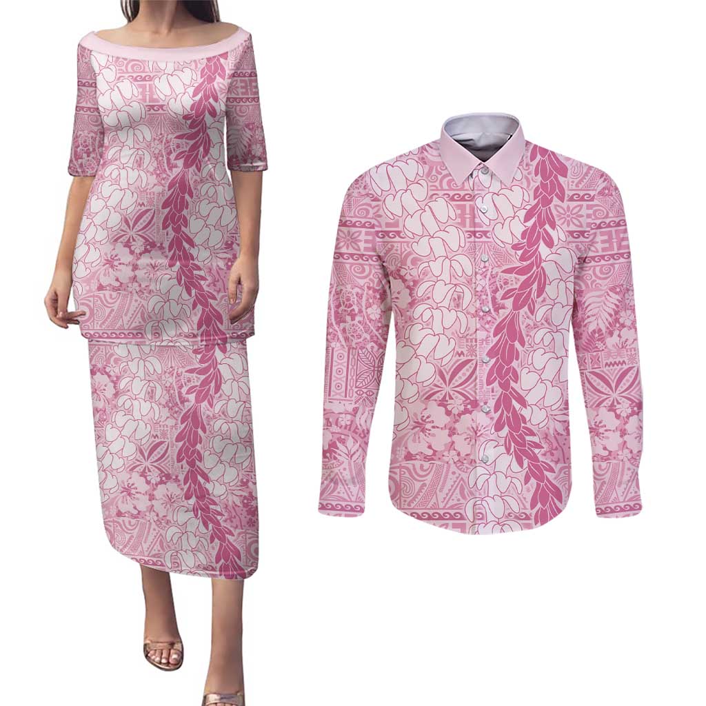 Pink Puakenikeni and Maile Lei Couples Matching Puletasi and Long Sleeve Button Shirt Hawaiian Style Tribal Tapa Double Strand Lei