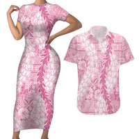 Pink Puakenikeni and Maile Lei Couples Matching Short Sleeve Bodycon Dress and Hawaiian Shirt Hawaiian Style Tribal Tapa Double Strand Lei LT9 Pink - Polynesian Pride