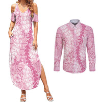 Pink Puakenikeni and Maile Lei Couples Matching Summer Maxi Dress and Long Sleeve Button Shirt Hawaiian Style Tribal Tapa Double Strand Lei LT9 Pink - Polynesian Pride