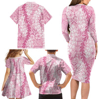 Pink Puakenikeni and Maile Lei Family Matching Long Sleeve Bodycon Dress and Hawaiian Shirt Hawaiian Style Tribal Tapa Double Strand Lei LT9 - Polynesian Pride