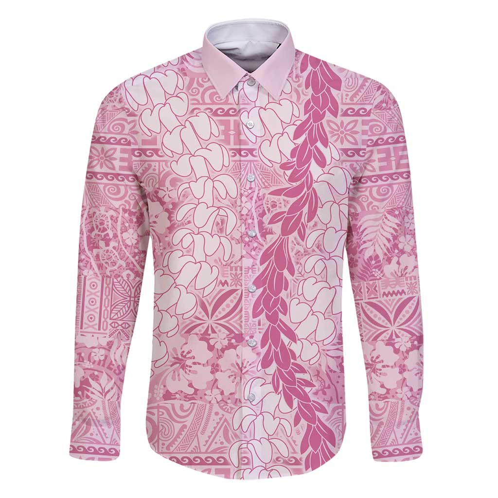 Pink Puakenikeni and Maile Lei Family Matching Long Sleeve Bodycon Dress and Hawaiian Shirt Hawaiian Style Tribal Tapa Double Strand Lei LT9 Dad's Shirt - Long Sleeve Pink - Polynesian Pride