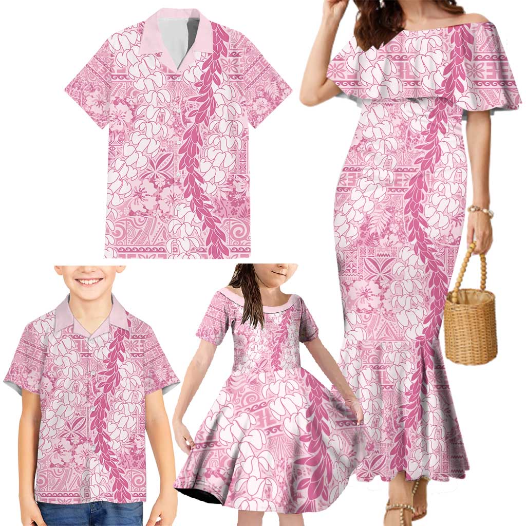 Pink Puakenikeni and Maile Lei Family Matching Mermaid Dress and Hawaiian Shirt Hawaiian Style Tribal Tapa Double Strand Lei LT9 - Polynesian Pride
