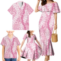 Pink Puakenikeni and Maile Lei Family Matching Mermaid Dress and Hawaiian Shirt Hawaiian Style Tribal Tapa Double Strand Lei LT9 - Polynesian Pride
