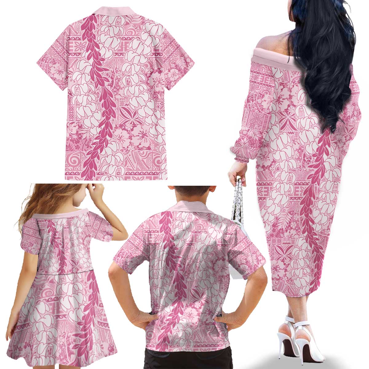 Pink Puakenikeni and Maile Lei Family Matching Off The Shoulder Long Sleeve Dress and Hawaiian Shirt Hawaiian Style Tribal Tapa Double Strand Lei LT9 - Polynesian Pride
