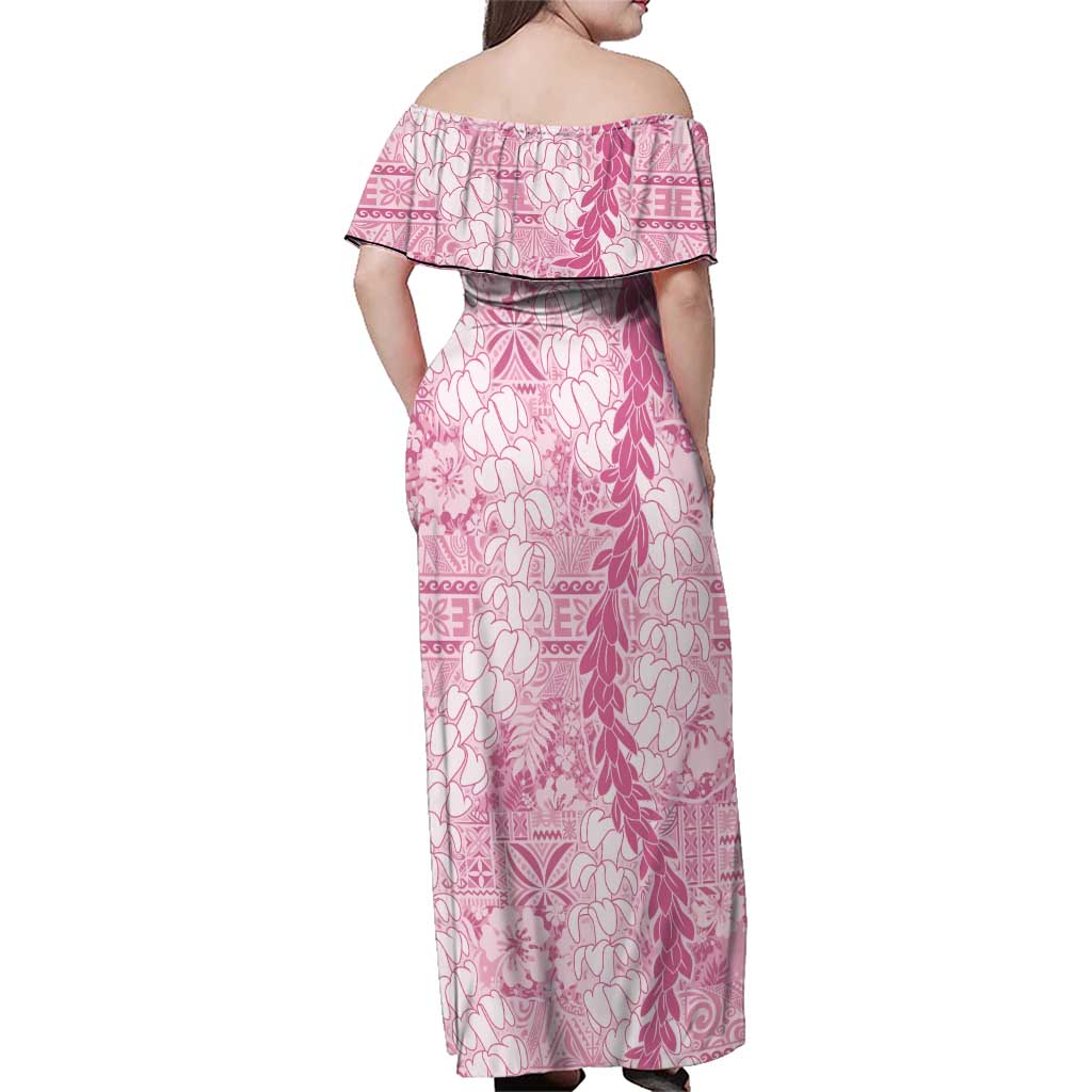 Pink Puakenikeni and Maile Lei Family Matching Off Shoulder Maxi Dress and Hawaiian Shirt Hawaiian Style Tribal Tapa Double Strand Lei LT9 - Polynesian Pride