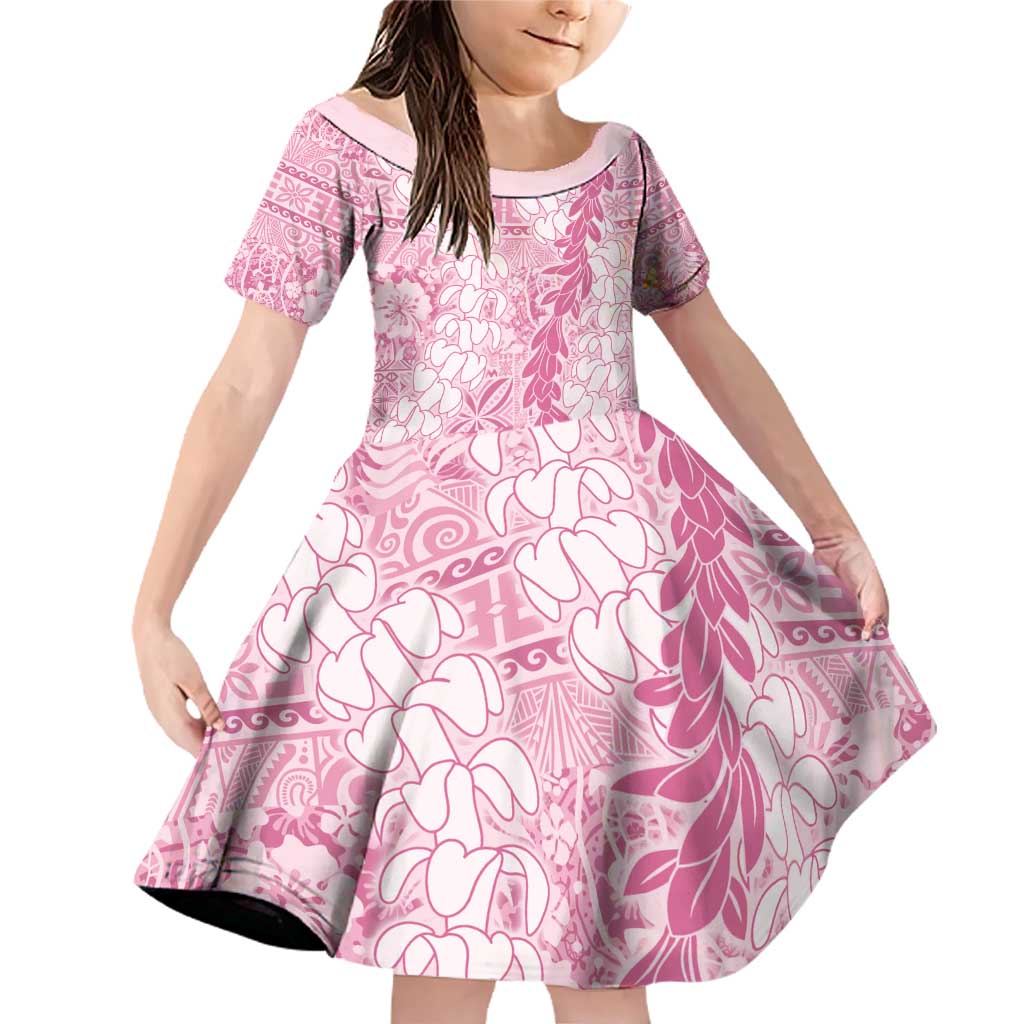 Pink Puakenikeni and Maile Lei Family Matching Off Shoulder Short Dress and Hawaiian Shirt Hawaiian Style Tribal Tapa Double Strand Lei LT9 Daughter's Dress Pink - Polynesian Pride