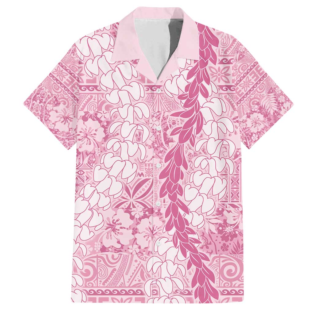 Pink Puakenikeni and Maile Lei Family Matching Off Shoulder Short Dress and Hawaiian Shirt Hawaiian Style Tribal Tapa Double Strand Lei LT9 Dad's Shirt - Short Sleeve Pink - Polynesian Pride
