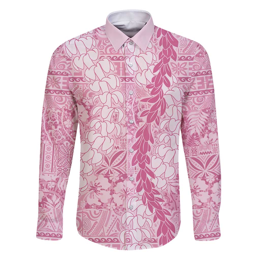 Pink Puakenikeni and Maile Lei Family Matching Puletasi and Hawaiian Shirt Hawaiian Style Tribal Tapa Double Strand Lei LT9 Dad's Shirt - Long Sleeve Pink - Polynesian Pride