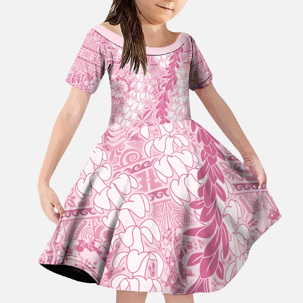 Pink Puakenikeni and Maile Lei Family Matching Short Sleeve Bodycon Dress and Hawaiian Shirt Hawaiian Style Tribal Tapa Double Strand Lei LT9 Daughter's Dress Pink - Polynesian Pride