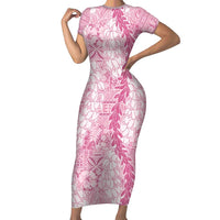 Pink Puakenikeni and Maile Lei Family Matching Short Sleeve Bodycon Dress and Hawaiian Shirt Hawaiian Style Tribal Tapa Double Strand Lei LT9 Mom's Dress Pink - Polynesian Pride