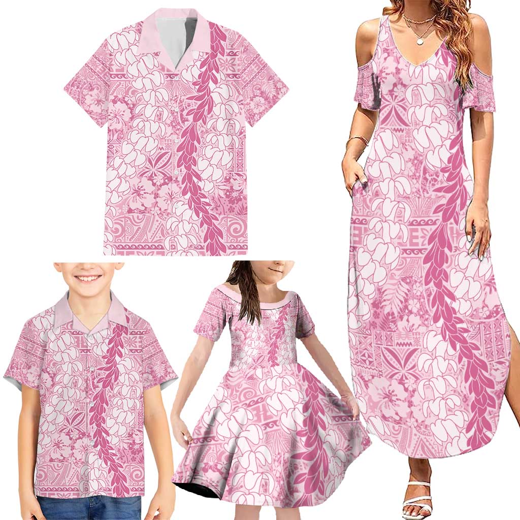 Pink Puakenikeni and Maile Lei Family Matching Summer Maxi Dress and Hawaiian Shirt Hawaiian Style Tribal Tapa Double Strand Lei LT9 - Polynesian Pride